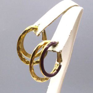 Vintage Enamel Double Hoop Earrings, Hammered Gol… - image 1